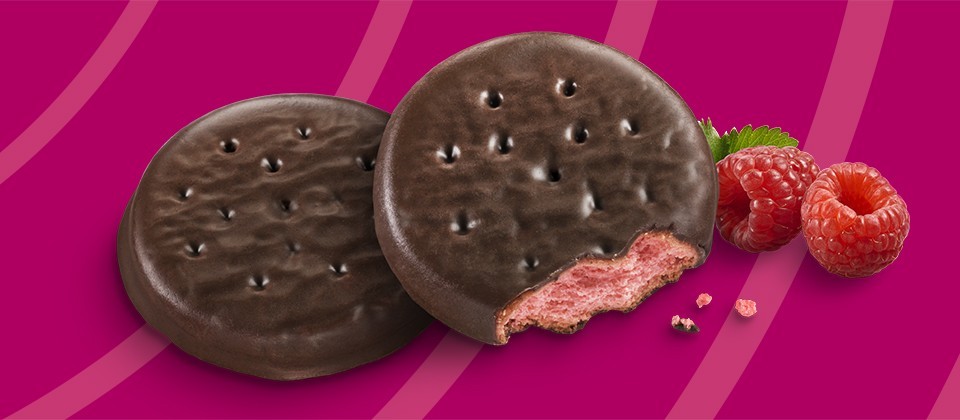 A chocolate covered crispy rasberry cookie
