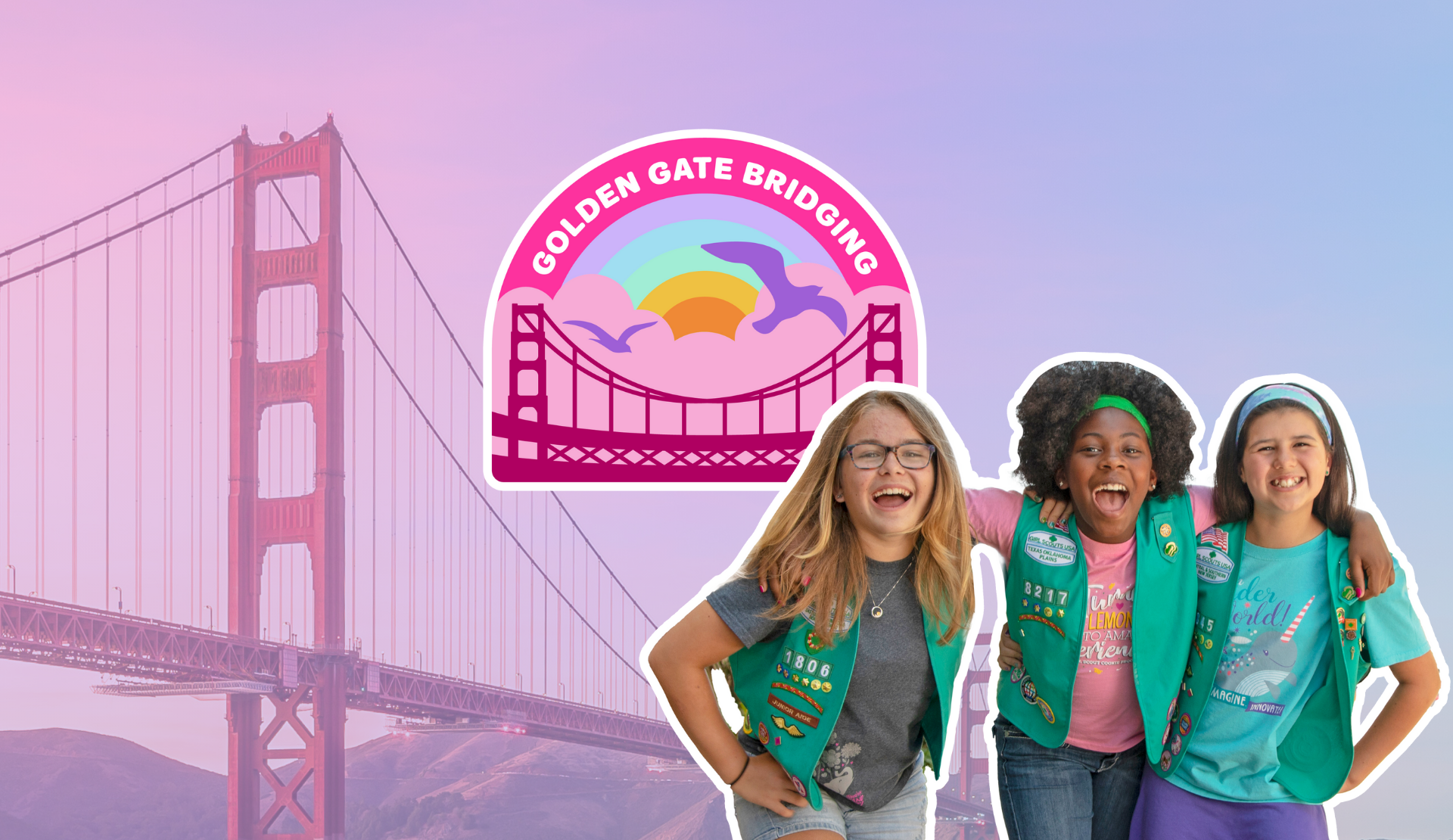 Three Girl Scouts laughing in front of a Golden Gate Bridge backdrop.
