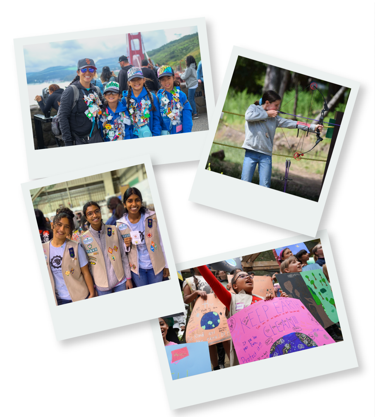 Girl Scouts in Polaroids at Various activities from golden Gate bridging to Archery.
